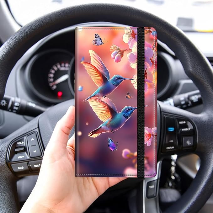 Tudguiloae Car Registration and Insurance Card Holder, Trunk Document Holder Organizer, Essential Vehicle Glove Box Organizer PU Leather Wallet for Driver,Pink Garden Hummingbirds