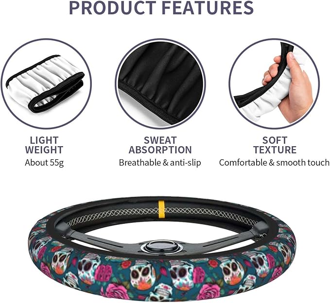 Skull Cute Steering Wheel Cover Non-Slip Breathable Sweat-Absorbent Suitable for SUV Van Truck Car Universal Protection Accessories 15 Inch Suitable for Women Men