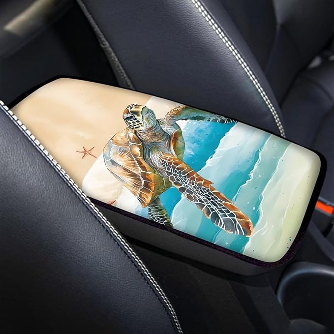 Suobstales Turtle Starfish Beach Print Car Armrest Pad Soft Center Console Arm Rest Protector Cover Universal Car Interior Accessories Decoration