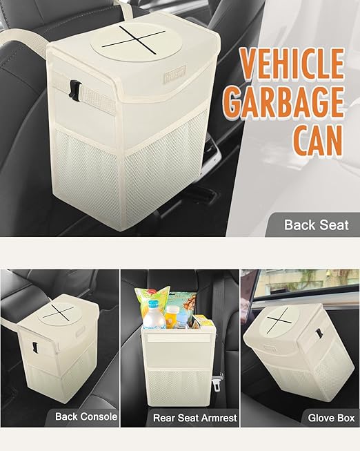 Pritent Car Trash Can with Lid, Cute Leakproof Car Trash Garbage Bag Hanging Vehicle Trash Bin Small Portable Automotive Garbage Cans Organizer for Back/Front Seat(Trapezoid,Ivory