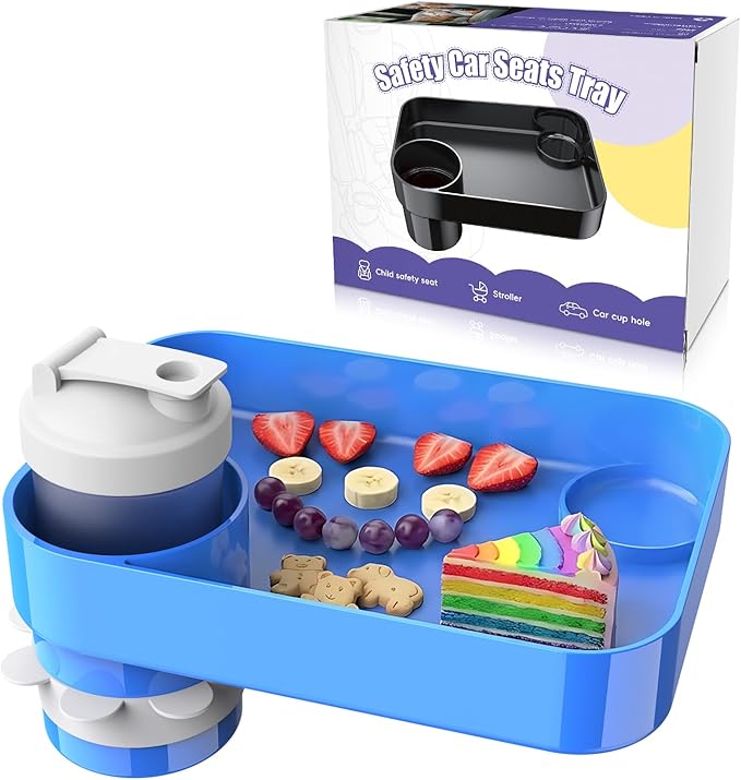 Kids Car Travel Tray Square for Kids Car Seat Snacks Trays, Car Seat Tray with Cup Holders for Toddler, Stroller, Tesla Travel Must Have (blue)
