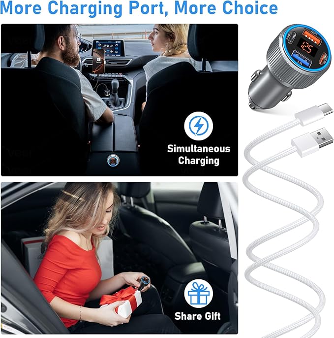 4-Port USB C Car Charger for iPhone 17/16e/15 Pro Max, 65W Multi Port PD+QC 3.0 Fast Charging Dual 12V USB-C&USB-A Car Charger Cigarette Lighter Adapter Voltmeter for iPhone Air 17 16 15 Pro