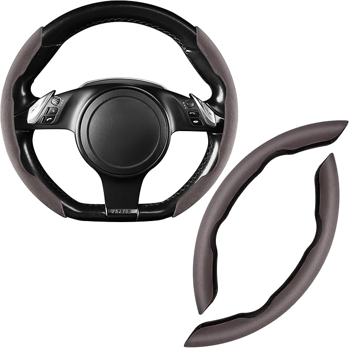 CAR PASS Suede Steering Wheel Cover, Segmented Wheel Protector Non-Slip Sporty Car Accessories Universal Fit D-Shape O-Shape 14.5" to 16" Steering Wheel for Men Women, 2PCS Coffee Gray Suede