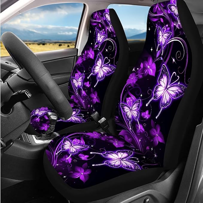 Dngkaoje Purple Butterfly Car Seat Cover Set Cute Butterflies Automotive Interior Accessories Full Set 13 Pcs Galaxy Butterfly Garbage Cans Organizer,Universal Steering Wheel Cover Armrest Pad