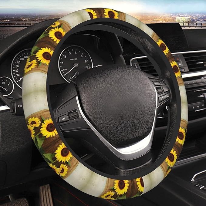 Sunflower On Wooden Board Universal Fit Steering Wheel Cover for Car, Truck, and SUV, Durable Steering Wheel Protection