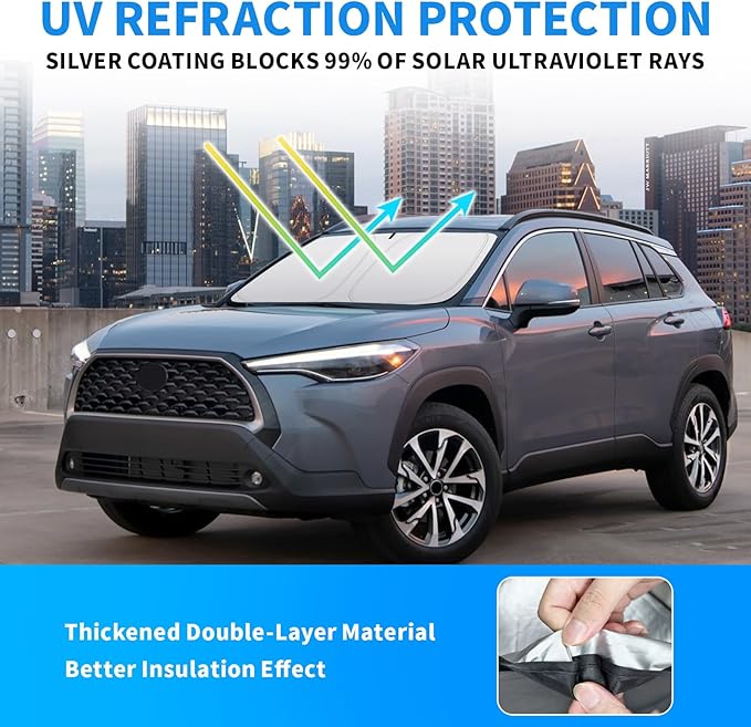 Thickened 2-Layer Front Windshield Sun Shade Compatible for Toyota Corolla Cross 2022-present, Foldable Custom Fit Sunshade Blocks 99% Heat, Keeps Car Interior Cool (for Corolla Cross 2022-present)