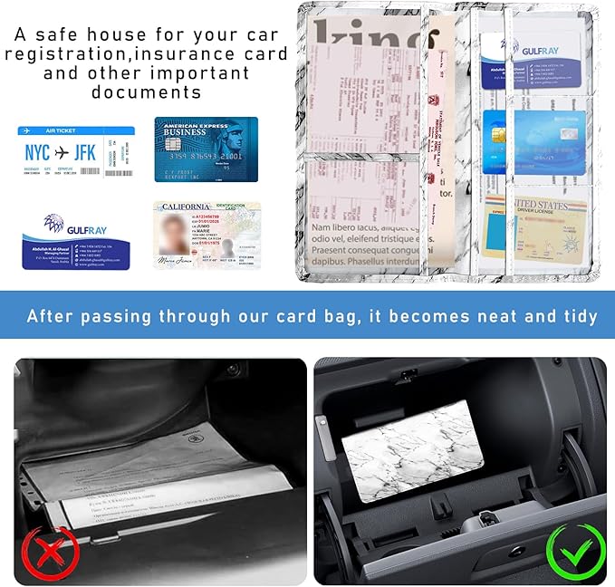 Ziciner Car Registration and Insurance Holder, Auto Card Document Glove Box Organizer with Magnetic Closure, Universal Vehicle Interior Accessories for Cars SUVs (Marble White-Large)