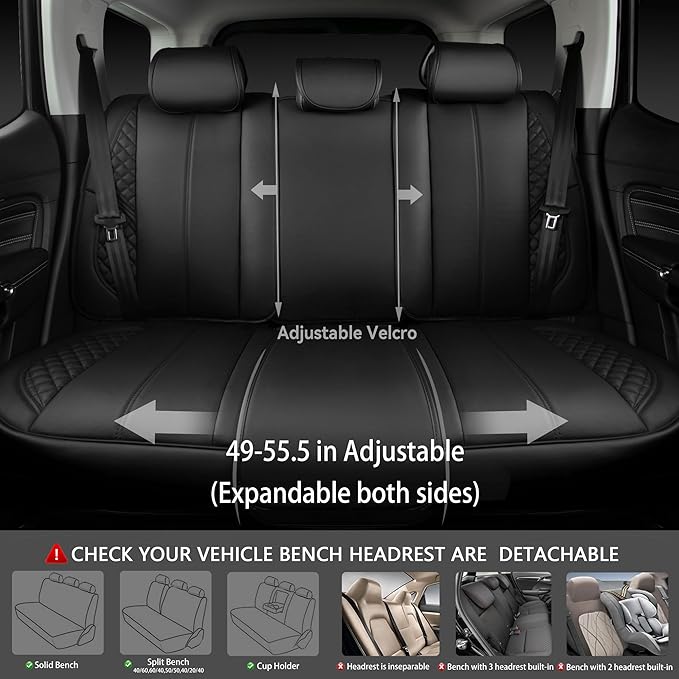 CAR PASS Waterproof Leather Back Seat Covers, Nappa PU Leather Rear Seat Bench Cushioned Breathable Back Row Protector Universal Fit for Car Sedan SUV Pickup Truck, Backseat Rear (Black)