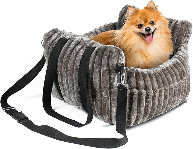 HOMLOVE Dog Car Booster Seat, for Small Dogs Under 30 lbs, Detachable Washable Travel Bed with Storage Pockets and Safety Belt (Coffee, Medium)