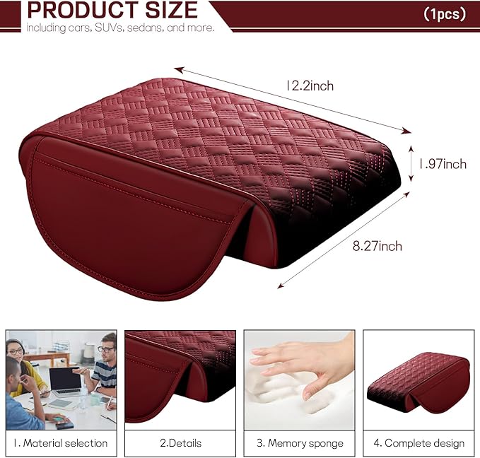 Hbxdeco Car Armrest Cushion, 12.2"×8.3" Leather Auto Memory Foam Center Console Pad with Storage Pocket, Waterproof & Anti-Scratch Elbow Pillow Armrest Seat Box Protector, Universal Fit (Red)