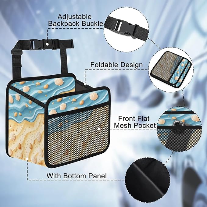 Beach Sea Shell Ocean Car Backseat Organizer PU Leather Automotive Back Seat Storage Bag Universal Hanging Garbage Box Travel Accessories Foldable