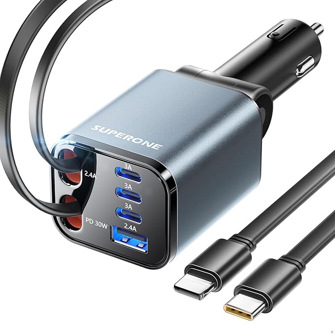 Upgraded SUPERONE Retractable Car Charger, [Ultra-Compact] 6-Port Car Charger USB C, iPhone Car Chargers Fast Charging with USB C & Apple Cable, Car Charger Adapter for iPhone 17/16/15/14/13/12