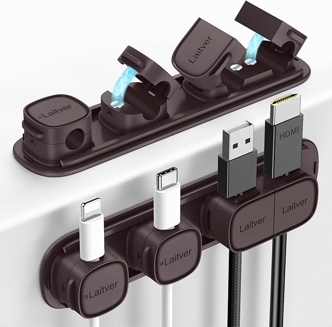 6 Pack Magnetic Cable Clips [1s Open/Lock], Laitver Cord Organizer Holder Strong Adhesive Desk Cable Management- Organize Charging Cords Neatly for Home, Office, Car,Desk, Nightstand-Bronze