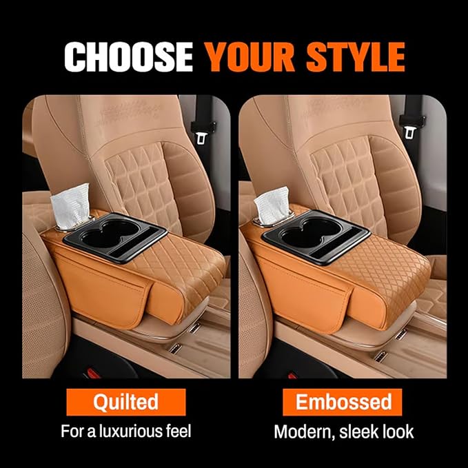 Multifunctional Pu Leather Car Armrest Box Mat With Cup Holders, Universal Armrest Box Pad, With Side Pockets, Easy To Clean Interior Organizer Waterproof For Cars, Trucks, Suvs (Embossed, Beige)