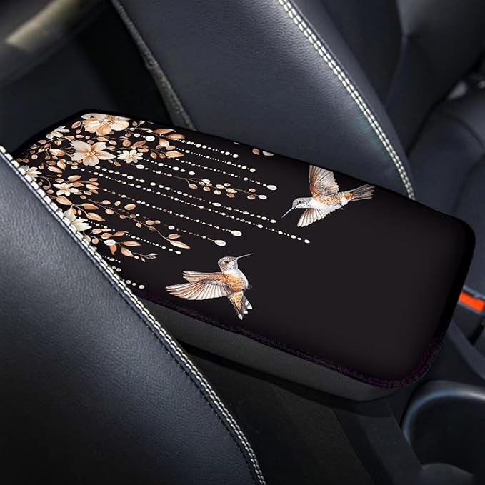 Orange Cherry Blossom Hummingbird Print Auto Center Console Cover Arm Rest Cover for SUV Truck,Soft Car Arm Rest Cover Universal Fit