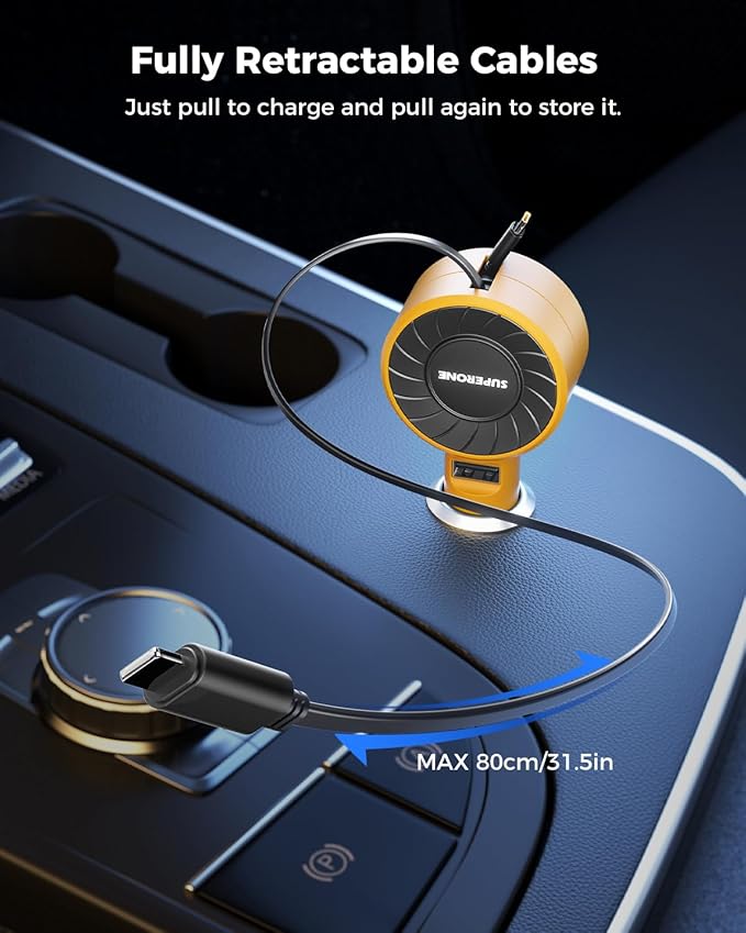 SUPERONE 3-in-1 Car Charger with Retractable Cords, USB C Charger Car Adapter Compatible with iPhone 17/16/15/14/13/12 Pro Max Samsung Android Phones