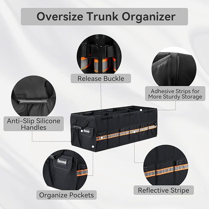 EAROND Car Trunk Organizer with Lid,Collapsible Car Storage Organizer with Multi Compartments and Securing Straps for SUV,Sedan,Jeep-Black