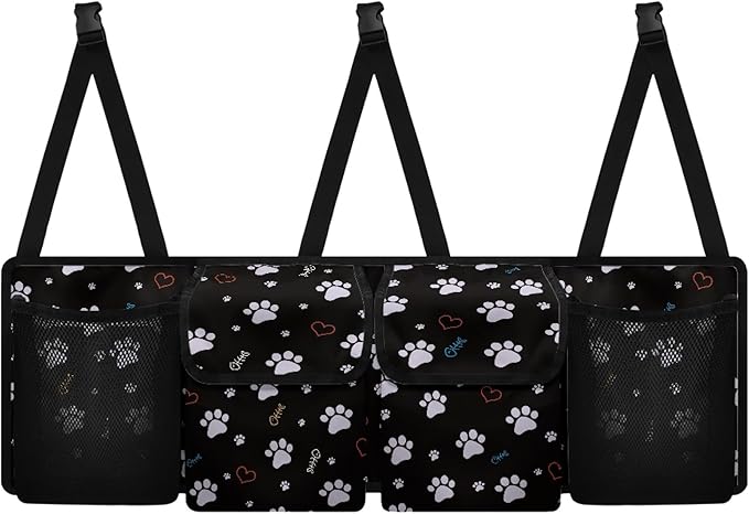 CLOHOMIN Dog Paw Car Trunk Organizer Cute Backseat Car Organizer with Net Collapsible Cargo Bag with 4 Pockets Hanging Car Storage Accessories Gifts for Women Men
