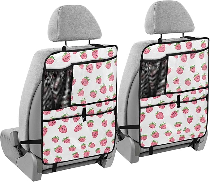 JIPONI Car Backseat Organizer, Small Strawberrys Automotive Back Seat Protector, Kick Mats with Storage Pockets for Kids Pets, Road Trip Accessories (2 Pack)