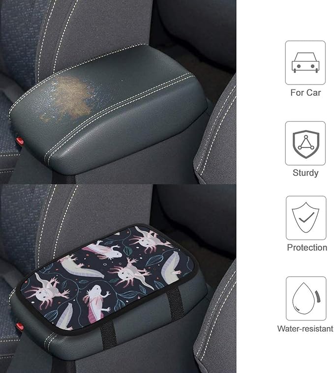 All in Print Axolotl Car Center Console Cushion Pad,Waterproof Armrest Seat Box Cover Protector,Comfortable Car Decor Accessories Fit for Most Cars, Vehicles, SUVs