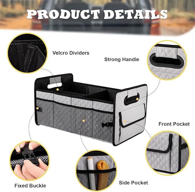 JiatuA Car Trunk Organizers and Storage for SUV, Collapsible Multi Compartment Container Box Adjustable Car Accessories for Women Men, Light Grey