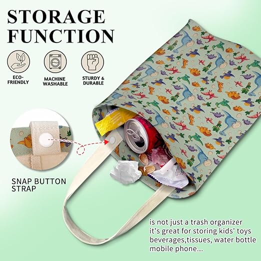 Car Trash Can, Cute Car Trash Bag, Hanging Car Organizer and Storage Bag, Trash Bin for Car Accessories, Vehicle, Travelling, Camping Cute Colorful Dinosaur