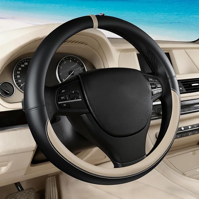 Black Beige Car Steering Wheel Cover, Nappa Leather, Bottom Color Blocking, Universal 14.5-15 Inch Leather Anti-Slip Breathable Auto Steering Wheel Covers for Men Women