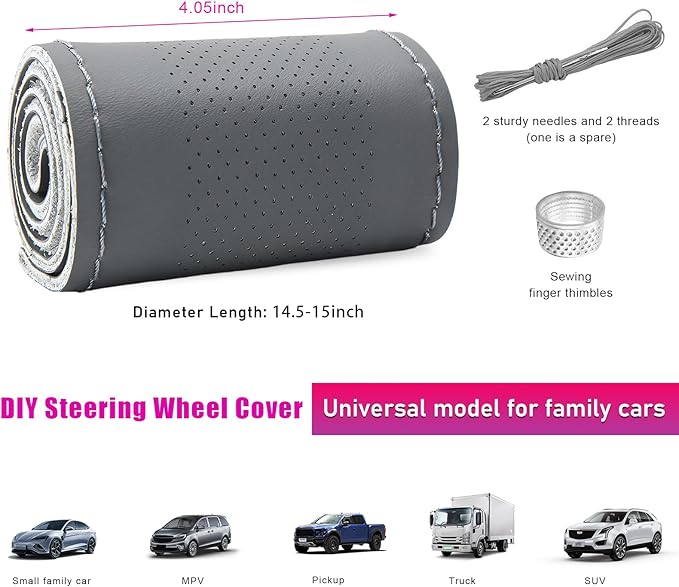 Ziciner Genuine Leather Steering Wheel Cover, Stitch on Wrap, Breathable Anti-Slip Car Steering Wheel Protector for Max Diameter 15 Inch, DIY Sewing with Needles Thread (Gray, Middle Hole)