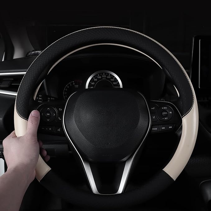 Auto Car Leather Steering Wheel Cover Anti Slip Wrap 15" (Beige)