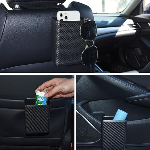 Mini Car Trash Can Multifunctional Mounted Garbage Bin Storage Box with Back Clip and Hanging Hook for Door Back Seat, Carbon Fiber