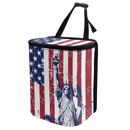 USA Flag Pattern Trash Can with Lid - Leak Proof, Hanging Waterproof Garbage Bag for Car Accessories - Multipurpose Storage Container for Back Seat, Road Trip - Black