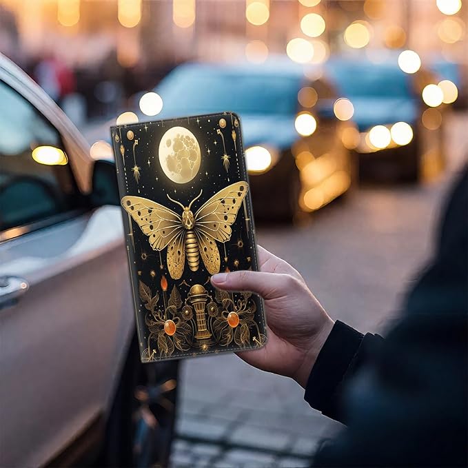 Car Document Holder with Magnetic Shut, Car Registration & Insurance Card Holder, Waterproof PU Leather Glove Box Organizer Vehicle Accessories Driver License for Women/Men, Moth Flowers + Stars