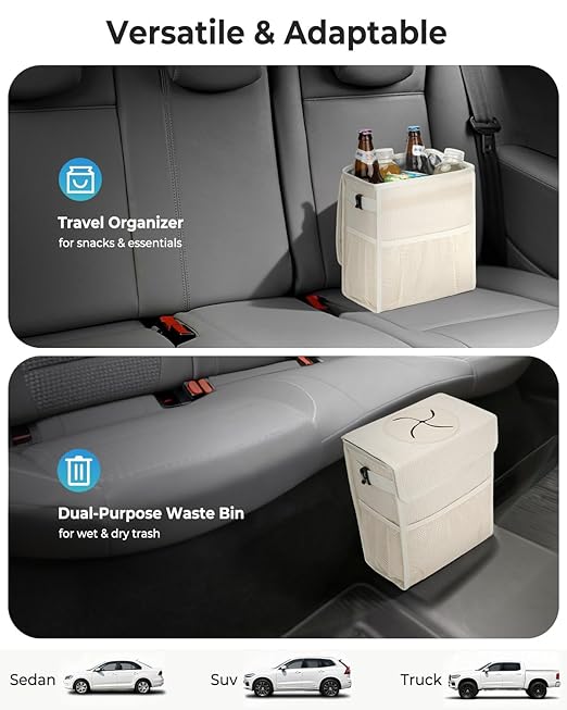 HORJONES Corduroy Car Trash Can with Lid and Mesh Pockets - Leakproof Organizer,Multipurpose Waterproof Garbage Can/Trash Bin for Car(Off-White-2 Gallons)