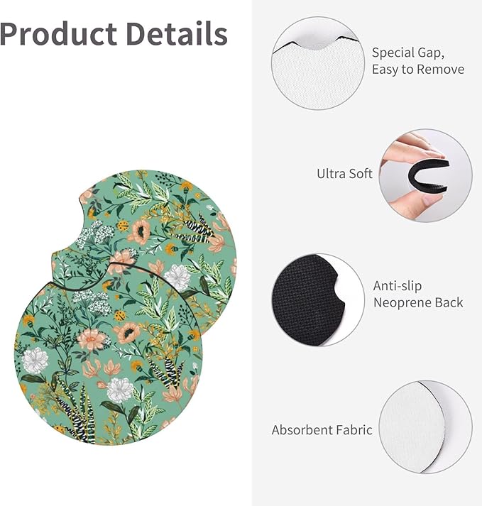 Wild Plant Flowers Steering Wheel Cover for Women Men with 2 Pcs Car Coasters, 15 Inches Neoprene Anti-Slip Cute Universal Green Car Accessories Protective Cover for Vehicle