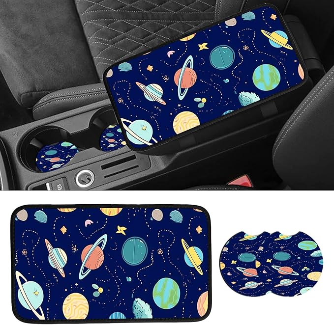 JANENFNA Car Armrest Cover Pads Universal Fashion Cute Auto Center Console Armrest Cover Pad with 2PCS Car Coasters Soft Waterproof Car Armrest Seat Protector for Women,Planets Stars