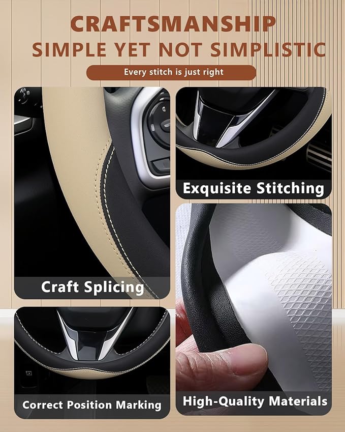 Leather Steering Wheel Cover for Honda Civic, 14.5-15 Inch Breathable Car Steering Wheel Protector, Premium Automotive Interior Accessories Compatible with Honda All Model (Beige)