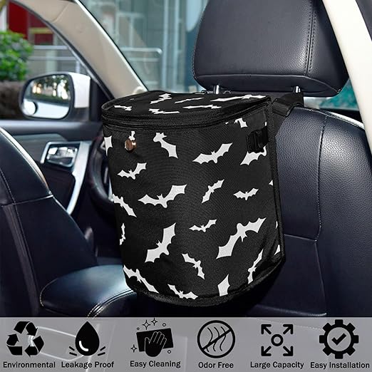 Bat Car Trash Can Halloween Black Car Garbage Bag with Lid Hanging Waterproof Leak Proof Vehicle Storage Bin