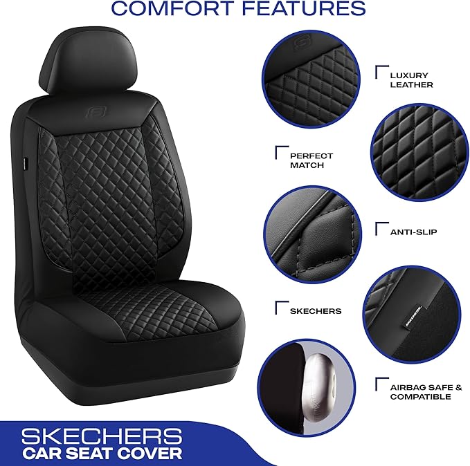 Skechers Car Seat Covers,Piping Luxury Faux Seat Covers,Waterproof Anti Slip Car Seat Protector Full Set,Car Accessories Airbag Universal Fit for Most Cars,Vans,Trucks,SUV,Black
