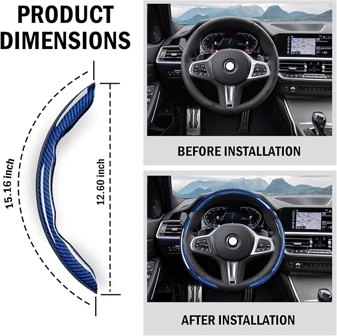 LevChall 3-Piece Carbon Fiber Steering Wheel Cover, Anti-Slip & Segmented Thin Design for Comfort Grip, Universal Fit 99% Cars SUV Truck,Blue