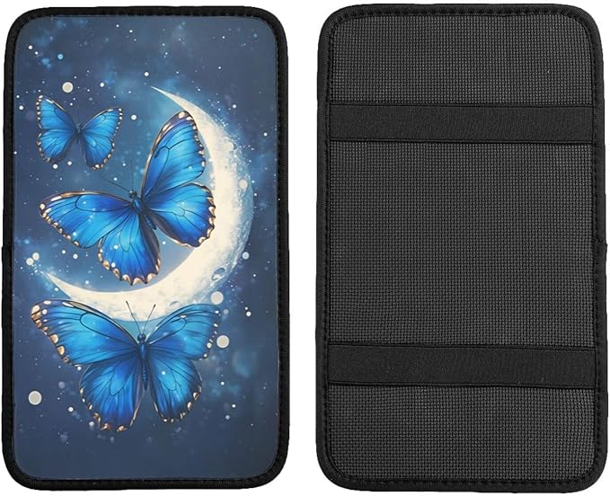 Universal Car Center Console Cushion Pad, Blue Butterfly Moon Soft Waterproof Car Center Console Cover Auto Armrest Seat Box Cover Protector for Most Vehicle SUV Truck Car