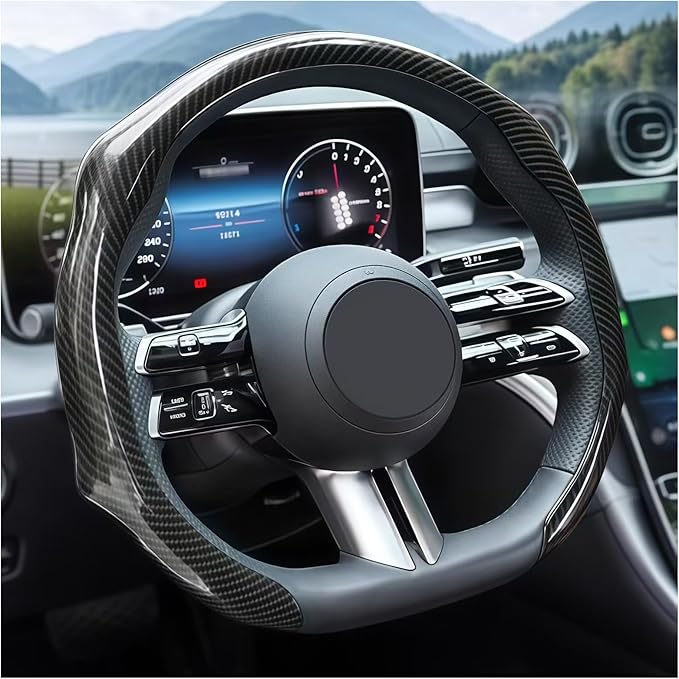 Carbon Fiber Car Steering Wheel Cover, Leather Non-Slip Vehicle Steering Wheel Cover for 14.5-15 Inch, Comfortable Auto Interior Protector Decoration Accessories, Universal Fit(Black)