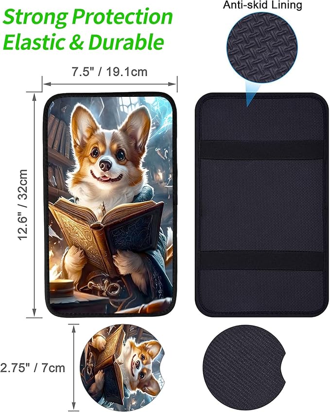 JANENFNA Car Armrest Cover Pads Universal Fashion Cute Auto Center Console Armrest Cover Pad with 2PCS Car Coasters Soft Waterproof Car Armrest Seat Protector for Women,Magical Book Puppy