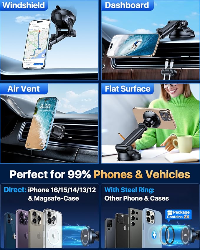 【Military-Grade】HTU for MagSafe Car Mount【Upgraded Strongest Suction】Magnetic Phone Holder Cell Stand for Dashboard Windshield Vent,Truck Cradle for iPhone 17 Pro Max 16 15 14 13 12 Tesla,Neutral Gray