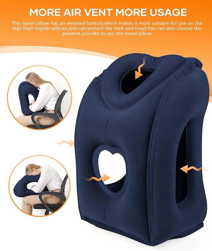 Sunany Travel Pillow, Upgraded Plane Pillow for Long Flights, Inflatable Neck Pillow Used for Airplanes,Cars,Buses,Trains,Office Napping with Eye Mask,Earplugs (Blue)