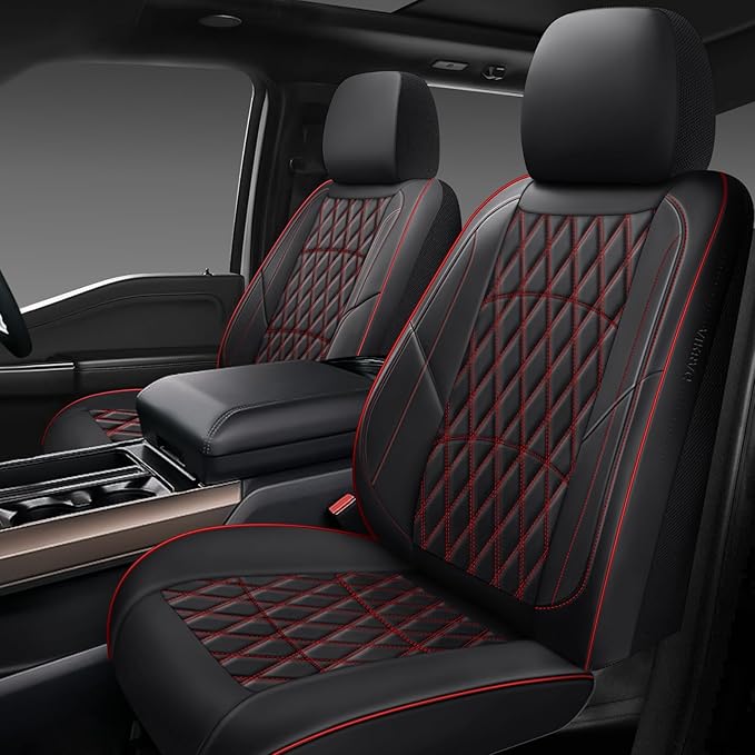 NS YOLO Leather Car Seat Covers,Universal Fit for Most Cars,SUVs and Sedans,Waterproof Luxury Leatherette Cushions, 2 Seats Protectors (Black and Red, Front Pair-2 Seats(Driver and Passenger))