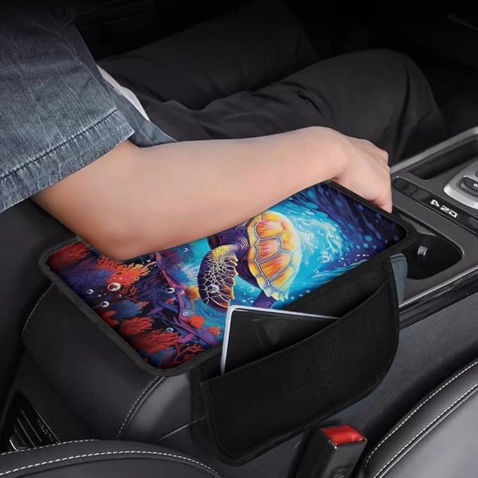 BIGCARJOB Automotive Armrest Cover Cushion Blue Sea Turtle Print Car Center Console Cover Cute Armrest Cover with Side Pockets Universal Car Armrest Box Pad Auto Interior Accessories