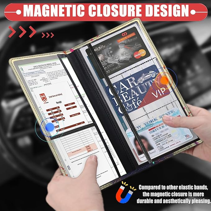 Car Registration and Insurance Card Holder for Women Men, Waterproof PU Leather Glove Box Car Organizer with Magnetic Shut, Vehicle Document Holder for Driver License,Cards, Colorful Hummingbird
