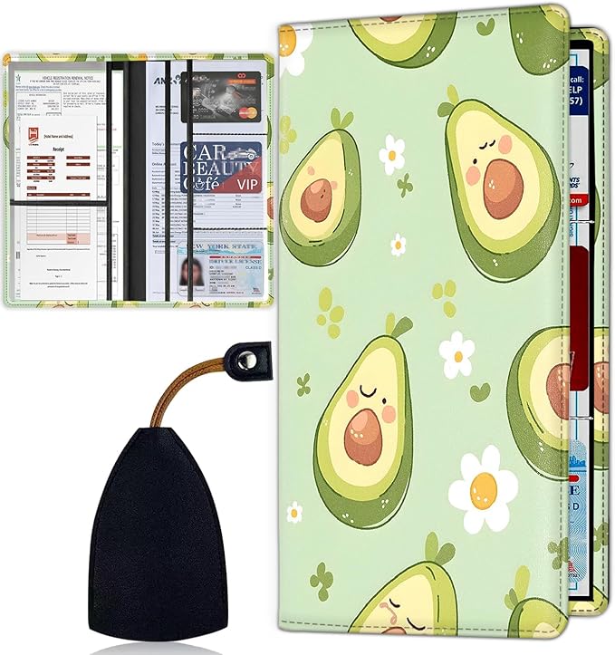 Car Registration and Insurance Card Holder for Women Men, Waterproof PU Leather Glove Box Car Organizer with Magnetic Shut, Vehicle Document Holder for Driver License,Cards, Cute Avocado Pattern