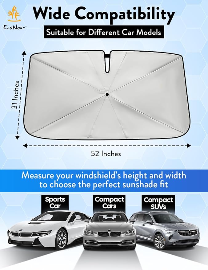 EcoNour Premium Umbrella Windshield Sun Shade for Car | Foldable UV Blocker Front Windshield Sunshade | Umbrella Shade Accessories with Storage Pouch | Fit for Sedan & Hatchbacks - Small 52"x31"