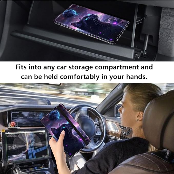 Qindaiwen Car Registration and Insurance Holder, Vehicle Card Document Elastic Band Closure Glove Box Organizer, Driver License Cards, Car Accessories for Essential Info, Galaxy Cat 02
